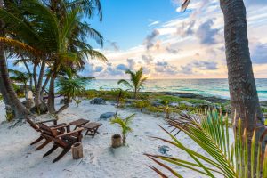 Sunset,At,Paradise,Beach,-,Chairs,Under,The,Palm,Trees
