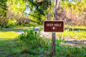 Sign,Closeup,To,Deep,Hole,Sinkhole,Hiking,Trail,And,Nobody
